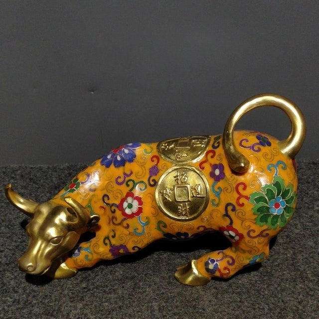 Vintage Cloisonne Enamel Bull Figurine – 9.8" Yellow Ground Gilt Ox Sculpture For Sale - Image 4 of 9