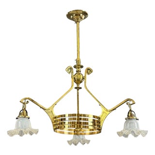 Antique Art Nouveau Brass Chandelier, 1900s For Sale