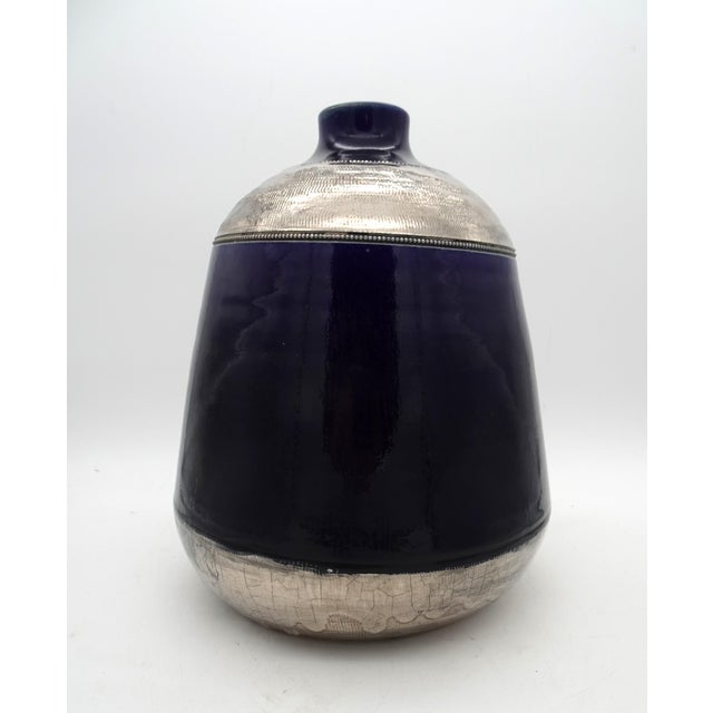 Cobalt Blue and Silver Glazed Ceramic Vase from Jules Guerin, Belgium, 1950s For Sale - Image 13 of 13