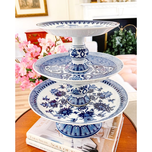1990s Large Chinoiserie Blue & White 3-Tier Porcelain Serving Stand by Bombay For Sale - Image 11 of 11