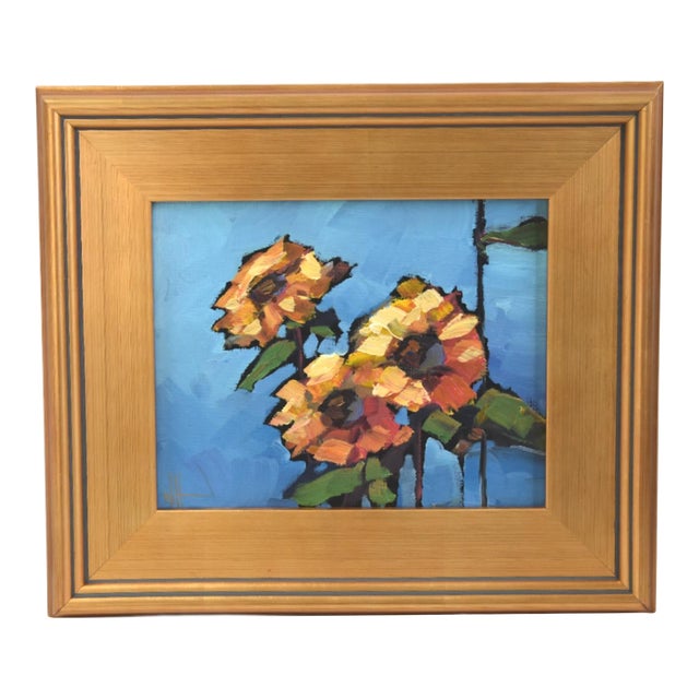 William Hawkins Summer Sunflowers Floral Oil Painting Including the Antiqued Gold Wood Frame For Sale