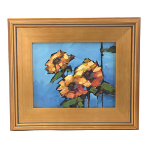 William Hawkins Summer Sunflowers Floral Oil Painting Including the Antiqued Gold Wood Frame