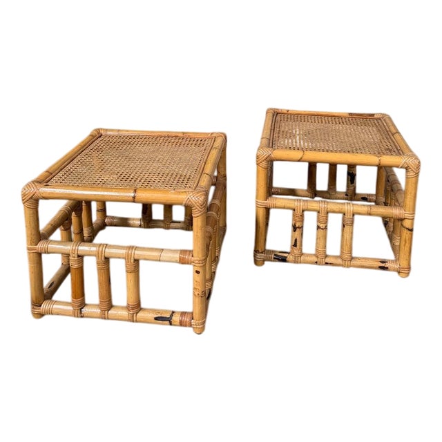 Mid-Century Modern Italian Bamboo Sofa Table with Vienna Straw Top in the style of Vivai Del Sud, 1960s, Set of 2 For Sale