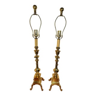 Mid 20th Century Tall Brass Footed Lamps - a Pair For Sale