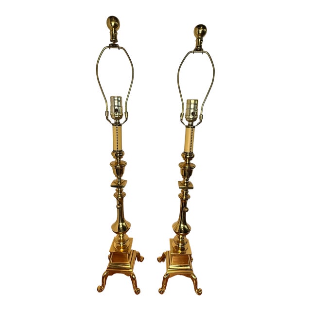 Mid 20th Century Tall Brass Footed Lamps - a Pair For Sale
