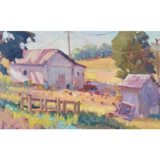 Pink Silvio Silvestri, Listed Artist (1948-2018) Grass Valley Farm With Pond Landscape Painting Including the Ornate Antique Gold Frame For Sale - Image 8 of 11