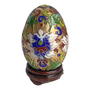 Vintage Petite Cloisonné Egg With Stand Floral Gold Enamel Chinoiserie