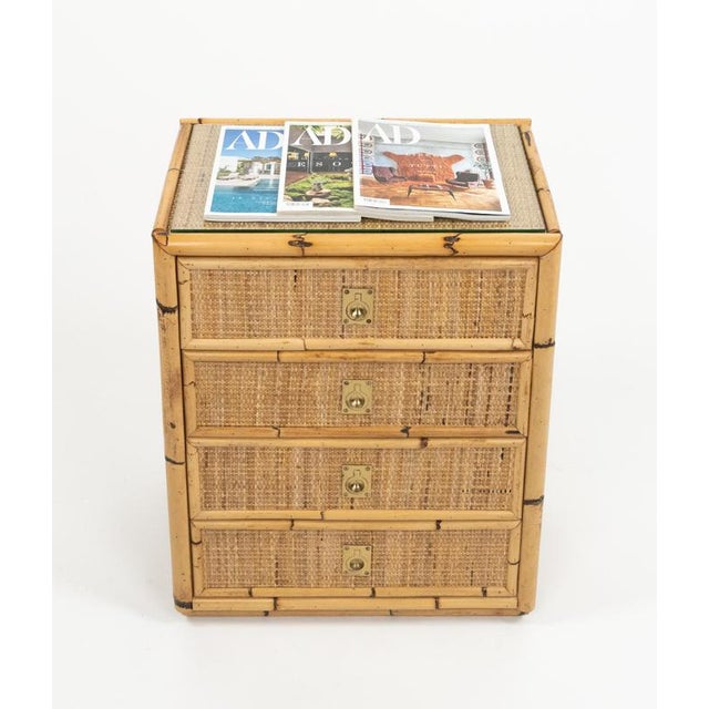 Brown Mid-Century Modern Rattan and Brass Chest of Drawers, Italy, 1970s For Sale - Image 8 of 16