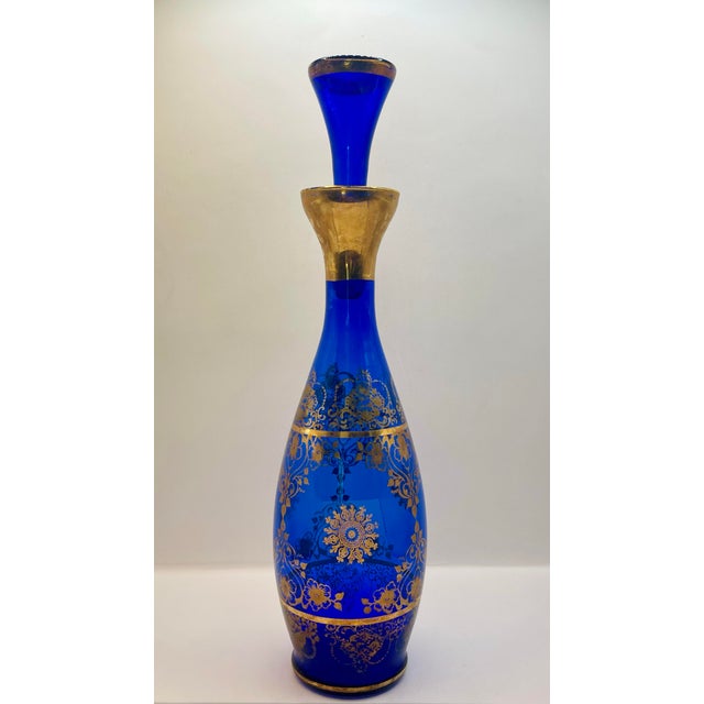 Early 20th Century Early 20th Century Bohemian Glass Blue & Gold Decanter Set- 6 Glasses & Decanter For Sale - Image 5 of 11