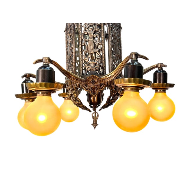 1920s Cast Bronze 6 Light Chandelier With Ladies and Revived Original Finish #2596 For Sale - Image 13 of 14