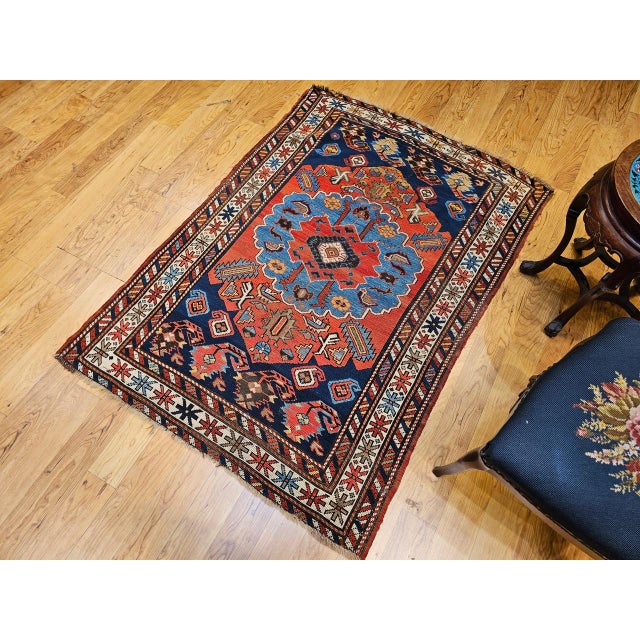 Textile Antique Caucasian Kazak Area Rug, Handwoven Wool, Geometric Medallion Design, Late 1800s, 4' x 5' For Sale - Image 7 of 18