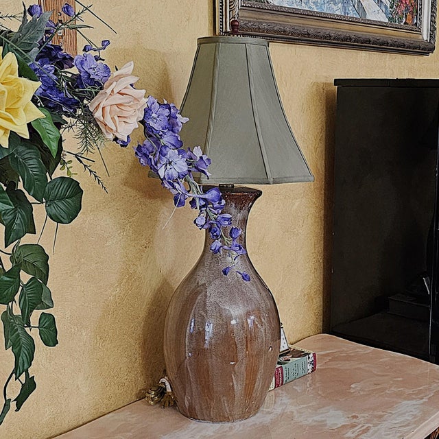 Vintage Ceramic Drip Glaze Table Lamp in Brown Studio Pottery Style With Tapered Shade For Sale - Image 12 of 18