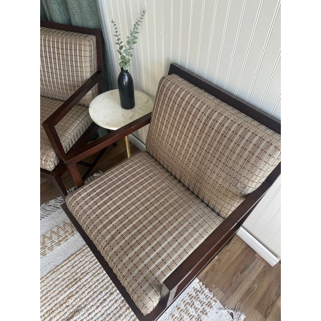 Beige Pair of Contemporary Armchairs by HBF – Walnut Frames & Geometric Upholstery, 2000 For Sale - Image 8 of 10