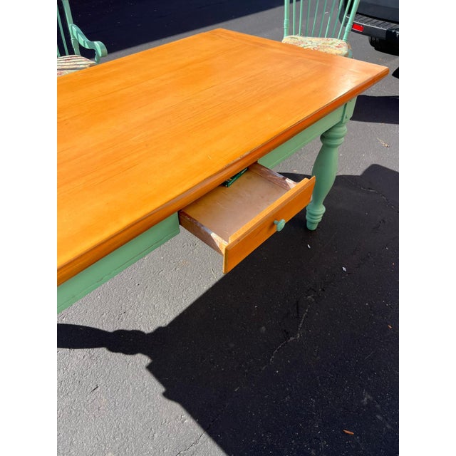 Farmhouse Two-Tone Dining Table With 6 Mint Green Windsor Chairs For Sale - Image 12 of 12