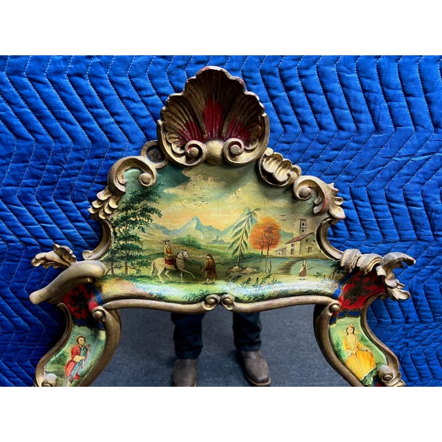 Italian Florentine shell carved mirror in gilt wood with scenic county scene, hand painted. Made in Italy.