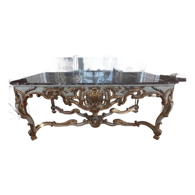 Antique French Rococo Revival Marble Top Table With Gilt Carved Base, Circa 1900 For Sale