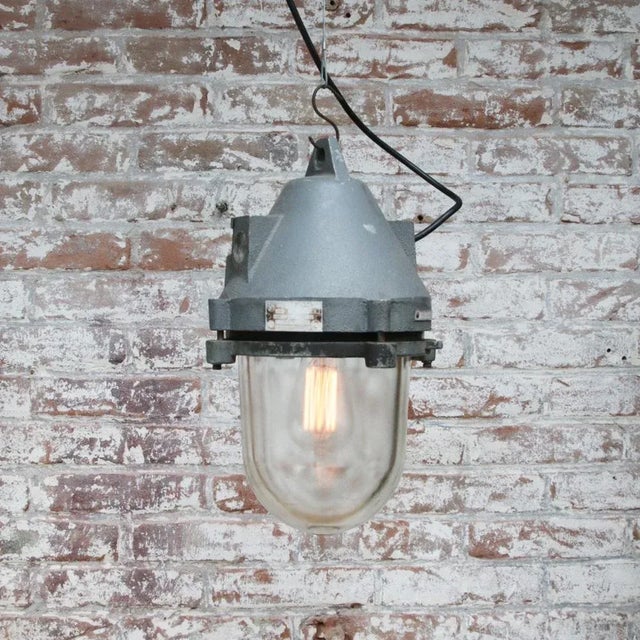 1970s Vintage Industrial Clear Glass & Grey Pendant Light For Sale - Image 5 of 6