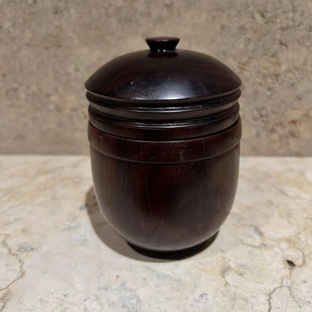 For your consideration, a mid-century modern rosewood jar petite lidded vessel catchall container, round box with lid....