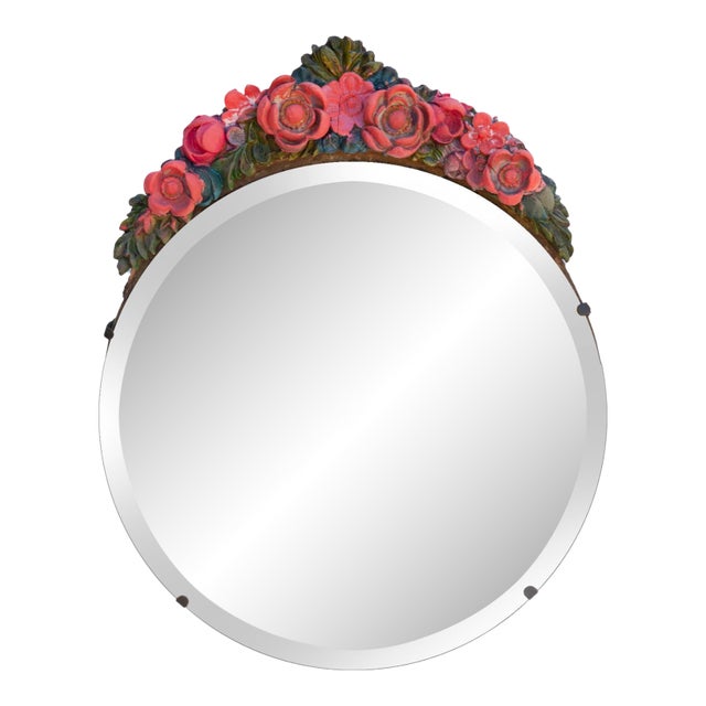Barbola Round Floral Beveled Easel Table Mirror in Colorful Tones For Sale