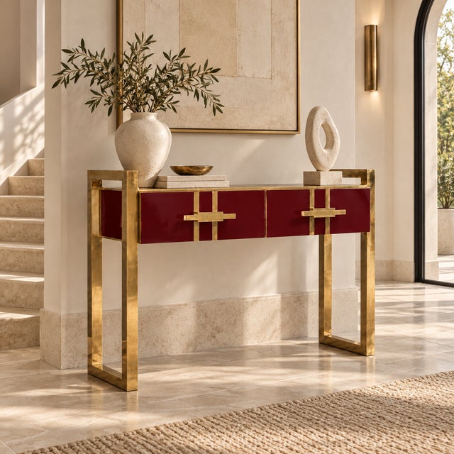 Gold Italian Console Table in Burgundy Red Murano Glass and Brass from Justfurnituress SRL For Sale - Image 8 of 10