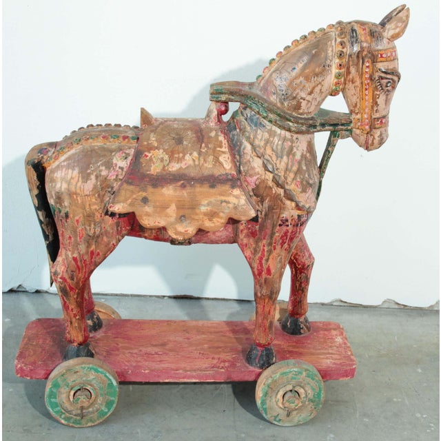 Pair of Monumental Indian Polychrome Carved Wood Horses on Wheels, 19th C. For Sale - Image 11 of 17