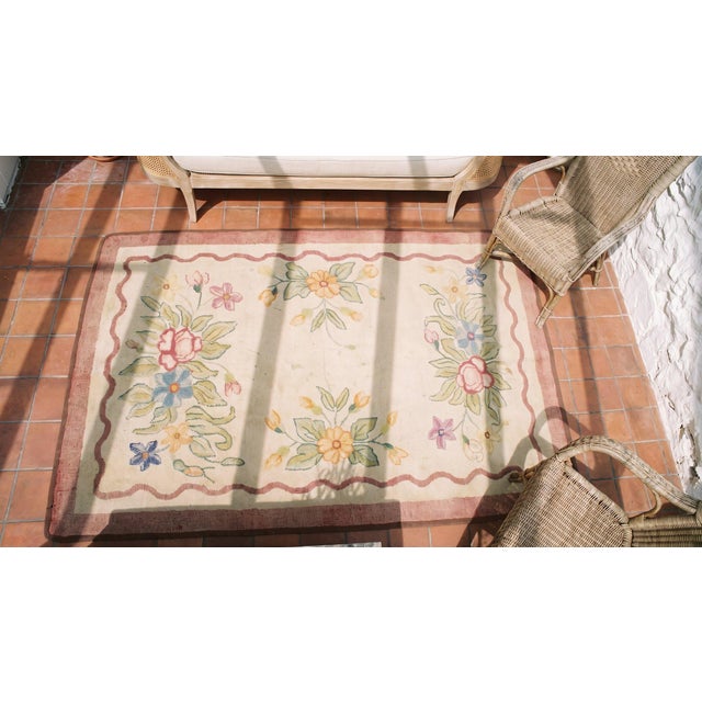 1920s Ivory Floral Folk Art Antique American Hooked Rug 2' 7'' X4' 0'' Handknotted Wool Carpet For Sale - Image 9 of 9
