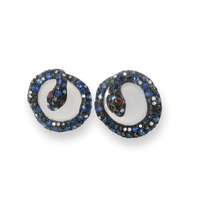 Unique 14K Gold Chalcedony Diamond Ruby Sapphire Snake Earrings. Metal: 14K Gold Gemstones: 2 Cabochon Chalcedony and...