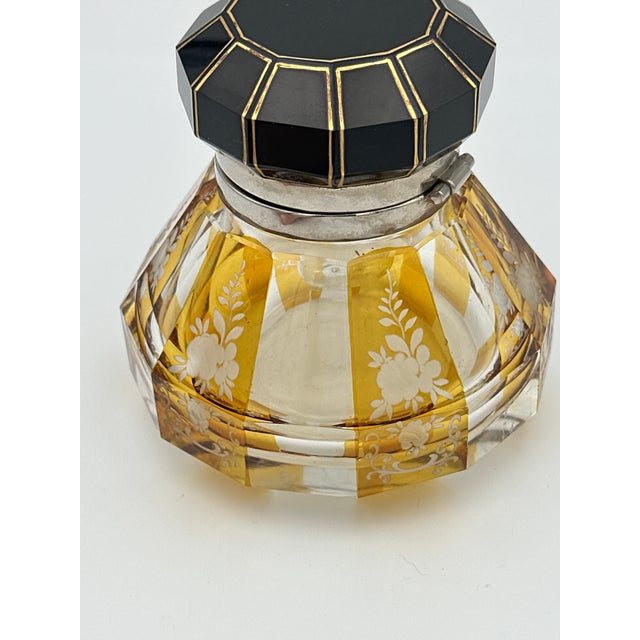 Vintage Glass & Enamel Inkwell – Octagonal Cut Glass With Black & Gold Hinged Lid – Decorative Desk or Vanity Accent For Sale In Detroit - Image 6 of 8