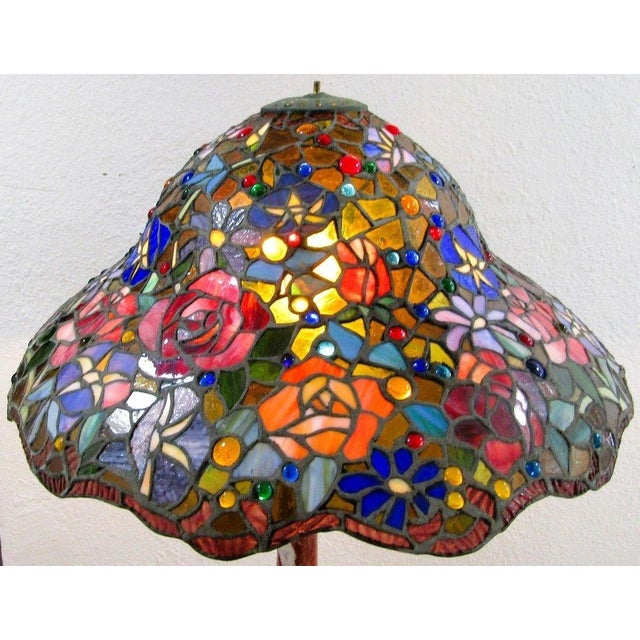 Art Nouveau Vintage Tiffany Style Stained Glass Roses Poppies Cabochons Bell Lampshade For Sale - Image 3 of 18