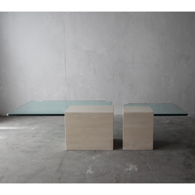 Cream Pair of Italian Travertine and Cantilevered Glass Coffee Tables For Sale - Image 8 of 11