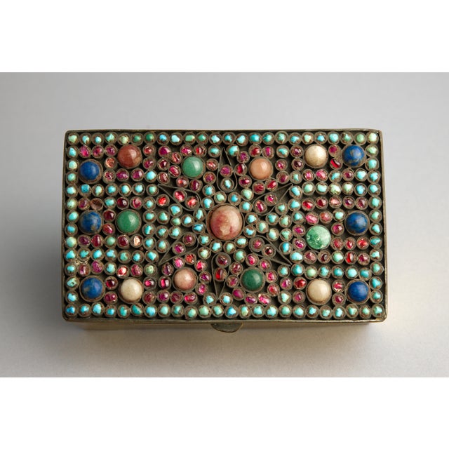 Mid 20th Century Nepalese Style Brass Jewelry Box With Turquoise, Lapis Lazuli & Chalcedony Inlay For Sale - Image 4 of 10
