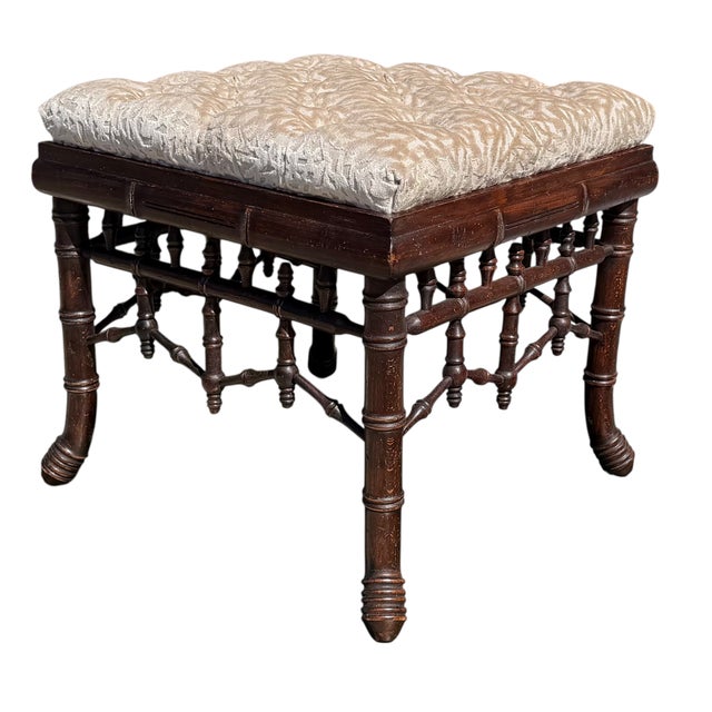 Regency Style Faux Bamboo Cut Velvet Upholstered Footstool For Sale In Los Angeles - Image 6 of 6