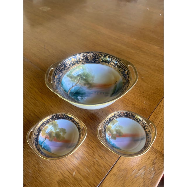 Antique Hand Painted Nippon 3-Piece Serving Set Cobalt Blue Heavy Gold Scenic Landscape M in Wreath Morimura 1910-1921 Châteaucore Grandmillennial For Sale - Image 9 of 14