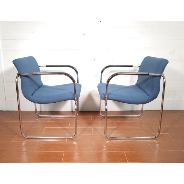 Nice pair of vintage chrome tubular frame armchairs manufactured by Goodform probably in the 1970's. They’re in good used...