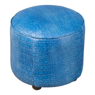 Sarreid Round Footrest, Embossed Croc Blue Leather For Sale