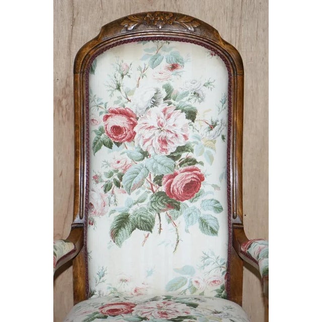 Victorian Hand Carved Walnut Show Framed High Back Armchair in Colefax Fowler For Sale - Image 3 of 16