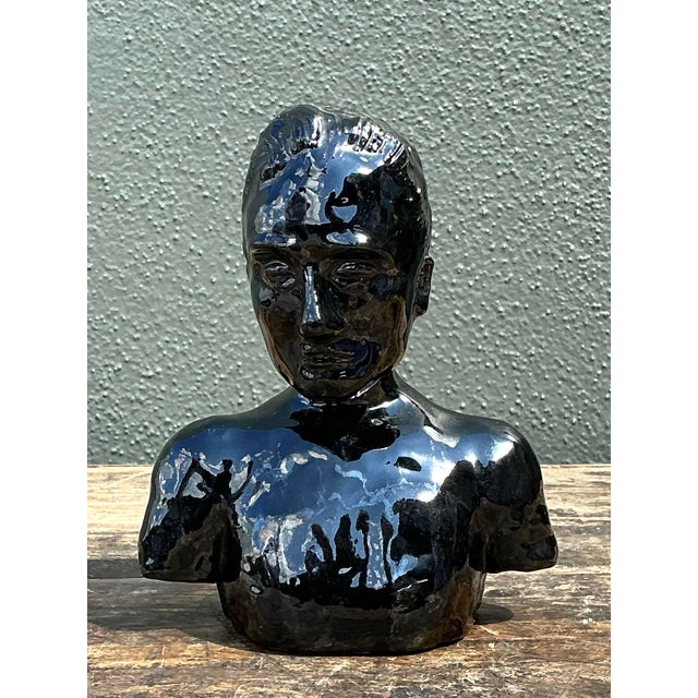Black Vintage Glazed Ceramic Bust of Man For Sale - Image 8 of 12