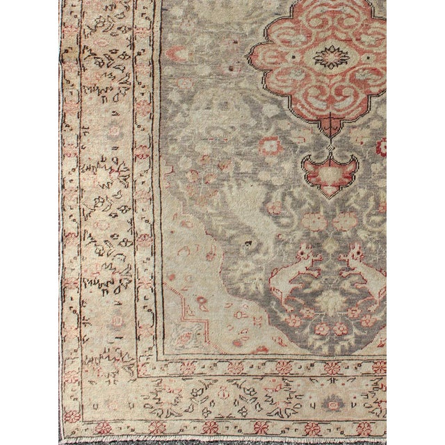 Tribal Antique Turkish Oushak Rug With Pale Sage Ground and Central Medallion in Red For Sale - Image 3 of 6