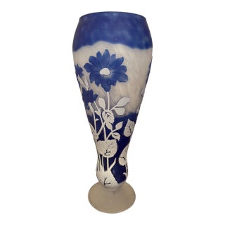 Shannon of Ireland Cameo Hand-Cut Glass Tall Vase in Blue and White For Sale