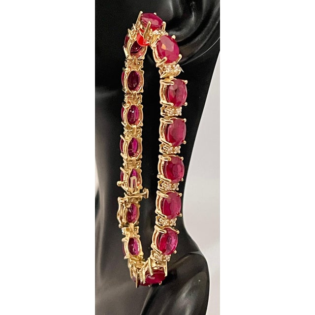 Ruby Red 24 Carat Ruby & 1 Carat Diamond Affordable Tennis Bracelet 14 Karat Yellow Gold For Sale - Image 8 of 18
