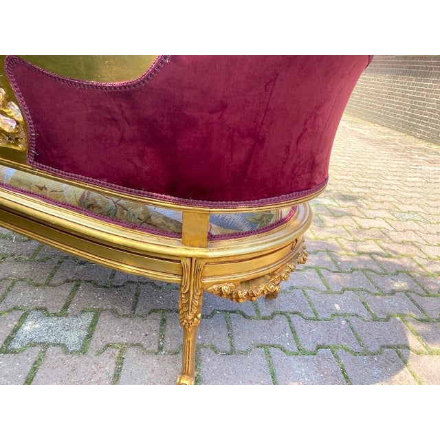 1950s 1950s French Louis XVI Gold Beech Velvet Settee For Sale - Image 5 of 13