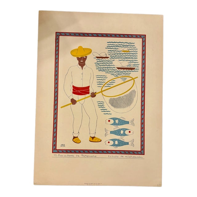 Original Vintage Carlos Merida 1945 Silkscreen Print " Pescadores De Patzcuaro" Plate Signed For Sale