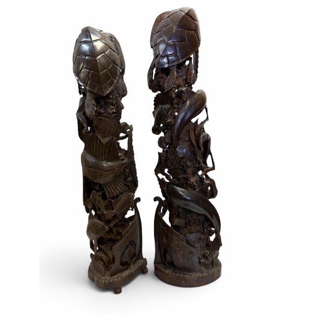 Mid 20th Century Mid 20th Century Pair of Monumental Mid-Century Guayacan Wood Sea Life Totem Sculptures - 35.5" & 38" For Sale - Image 5 of 11