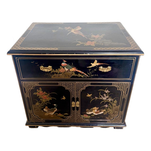 Vintage Black Lacquer Chinoiserie Cabinet With Hand-Painted Birds & Raised Relief Details For Sale