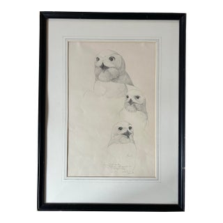 Vintage 1974 Framed Realistic Drawing of a Snowy Owl For Sale