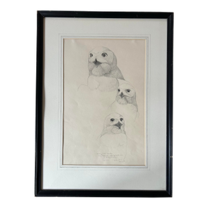 Vintage 1974 Framed Realistic Drawing of a Snowy Owl
