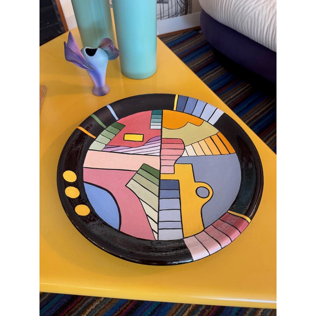 Vintage Post-Modern Abstract Ceramic Memphis Charger Platter Offered for sale is a striking vintage handmade Memphis-...