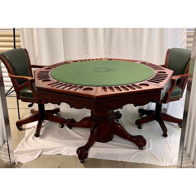 Vintage 1970s Mikhail Darafeev Pedestal Dining/Poker Table With Six Leather Swivel Chairs For Sale - Image 9 of 18