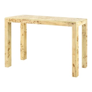 Lauren Console in Burl Wood With Brass Accents For Sale