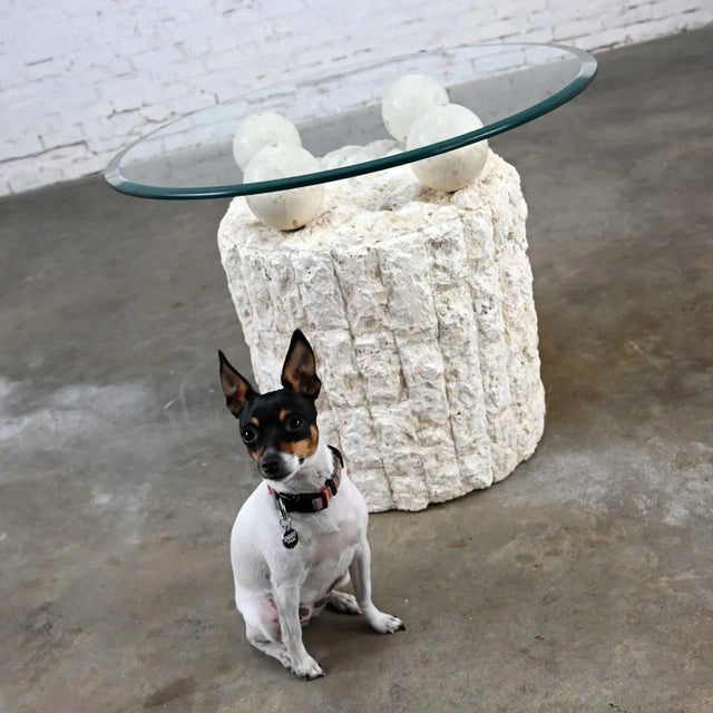 Glass Postmodern Round Tessellated Mactan Stone Base Side Table With 4 Spheres Glass Top Style Maitland Smith For Sale - Image 7 of 12